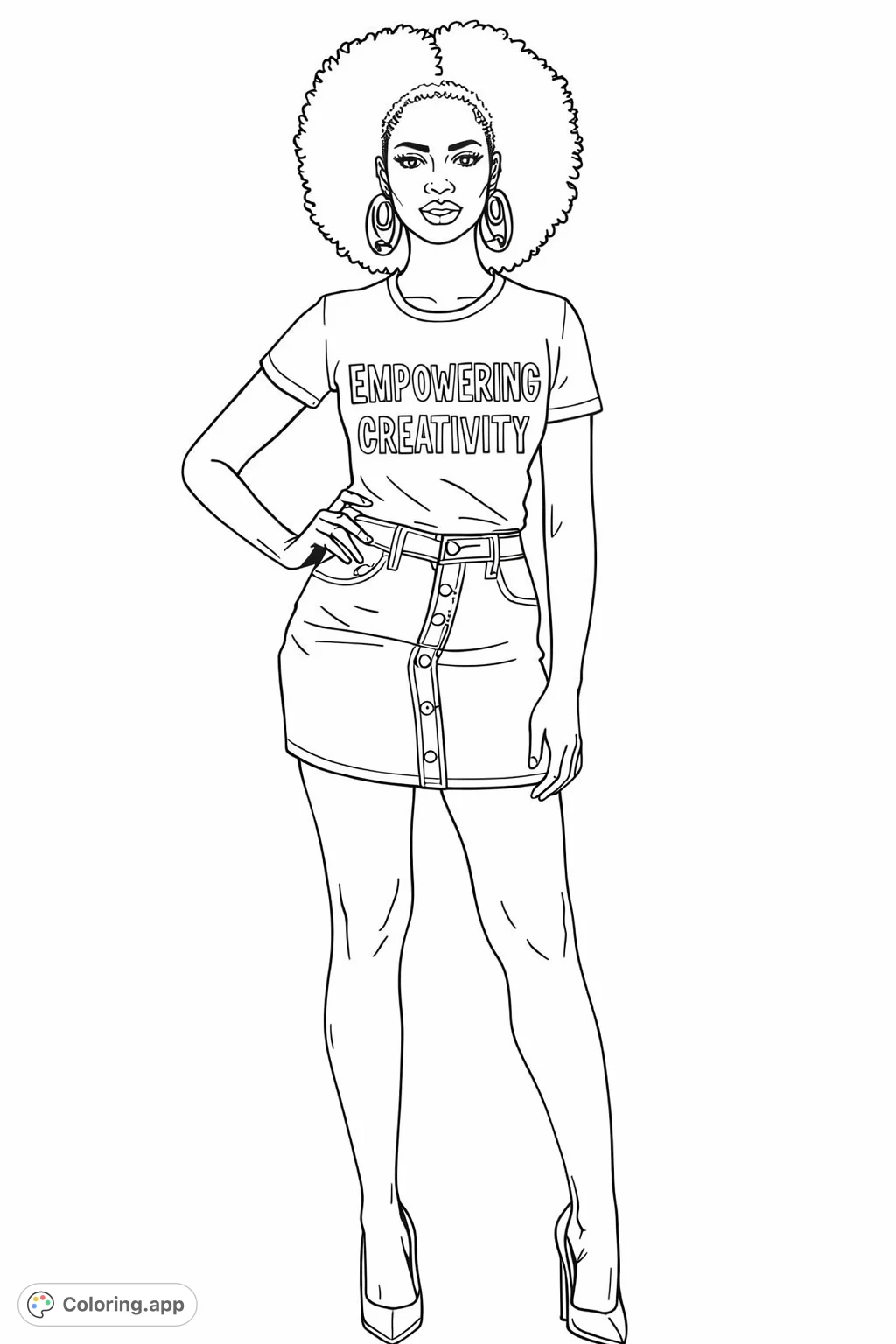 Celebrate self-expression with this fashion-forward woman featuring a statement afro, detailed skirt, and an inspiring message on her t-shirt. A stylish figure awaits your creative touch.