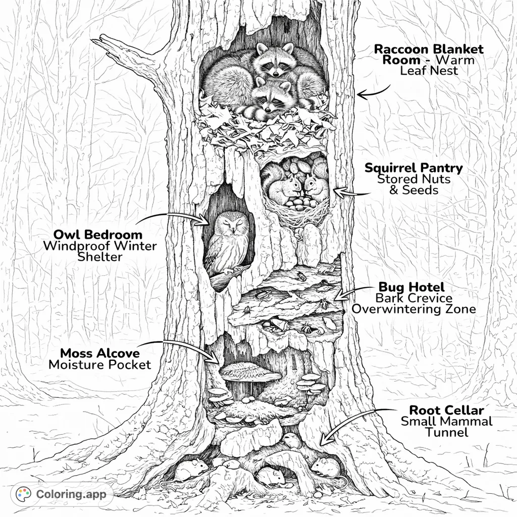 Explore a cross-section of a hollow tree bustling with winter wildlife, from raccoons and squirrels to an owl and mice, nestled safely in a snowy forest.