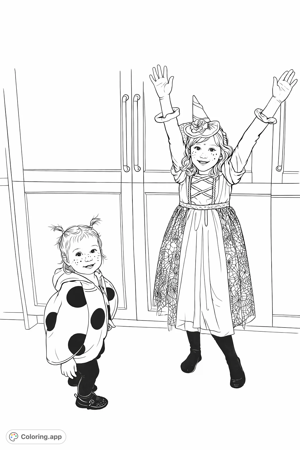 Two adorable children in witch and ladybug costumes pose playfully, perfect for a whimsical Halloween or dress-up coloring adventure.