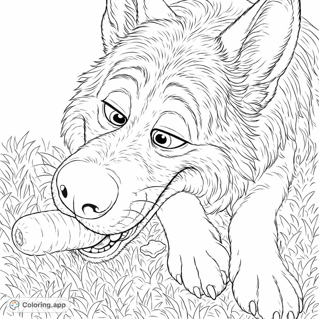 Capture the charm of a German Shepherd enjoying a healthy snack. A detailed dog coloring page perfect for animal lovers and pet enthusiasts.