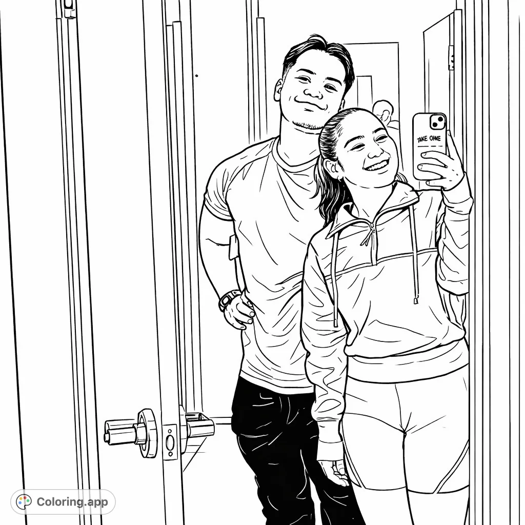 Capture a joyful moment with this couple selfie coloring page. Features a smiling pair in modern athletic wear, perfect for personalizing and relaxation.
