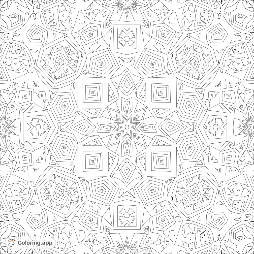 Explore a captivating, intricate kaleidoscope pattern with perfectly enclosed geometric shapes. A detailed abstract design offering endless coloring possibilities.