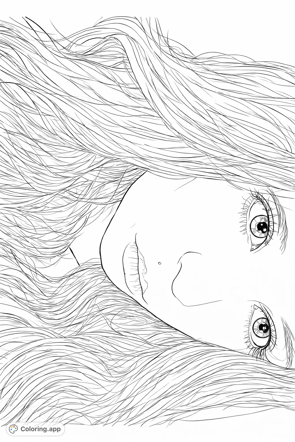 Color a detailed portrait featuring a youthful face, expressive eyes, and flowing hair. Perfect for exploring facial anatomy and realistic textures.
