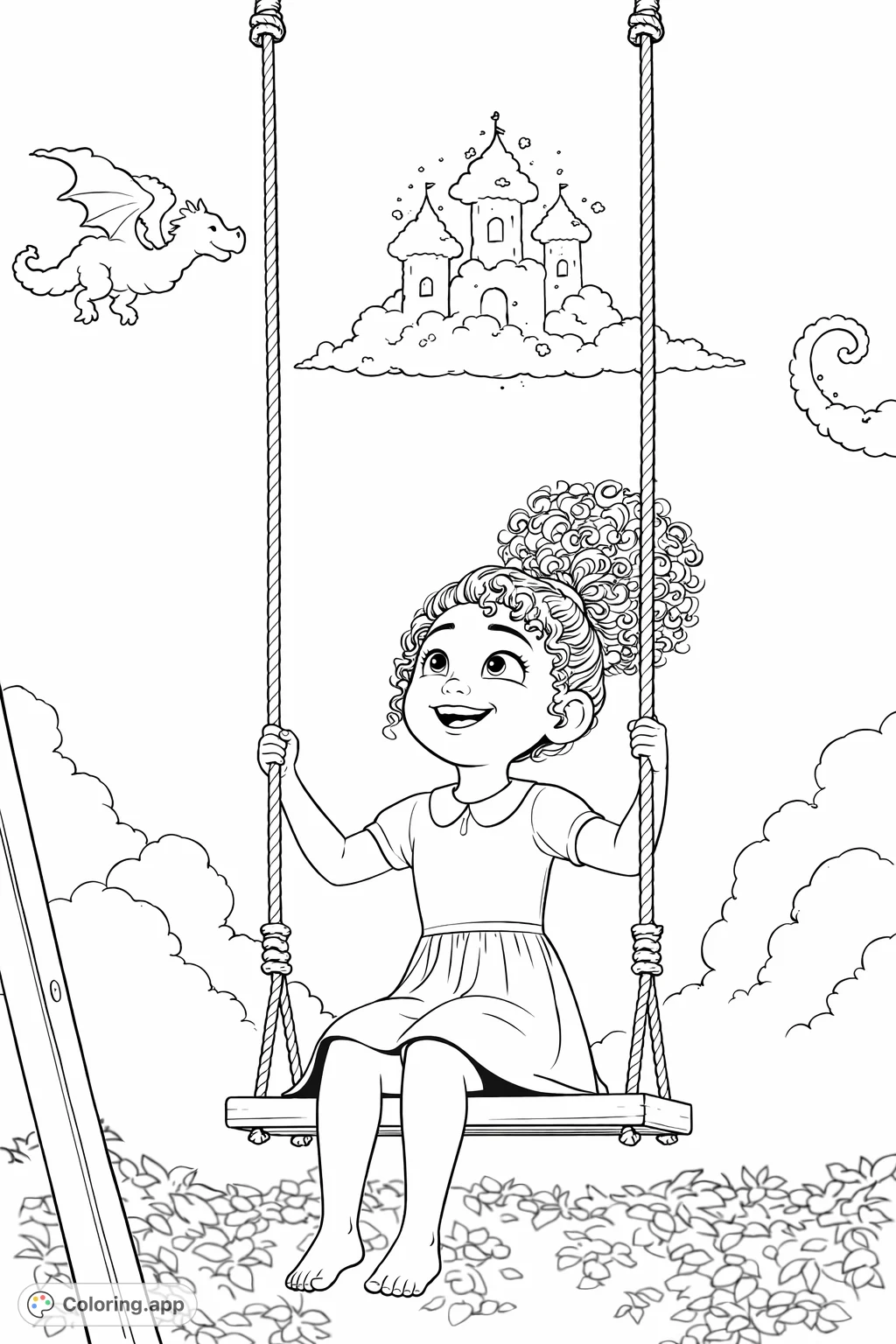A joyful girl swings under a sky filled with imaginative cloud shapes, including a dragon and a castle. A magical scene waiting for your creative touch!