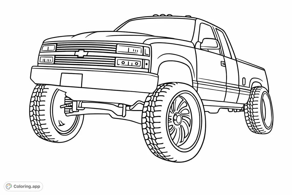 Color this powerful lifted pickup truck! Features large tires and a bold design, perfect for vehicle enthusiasts of all ages.
