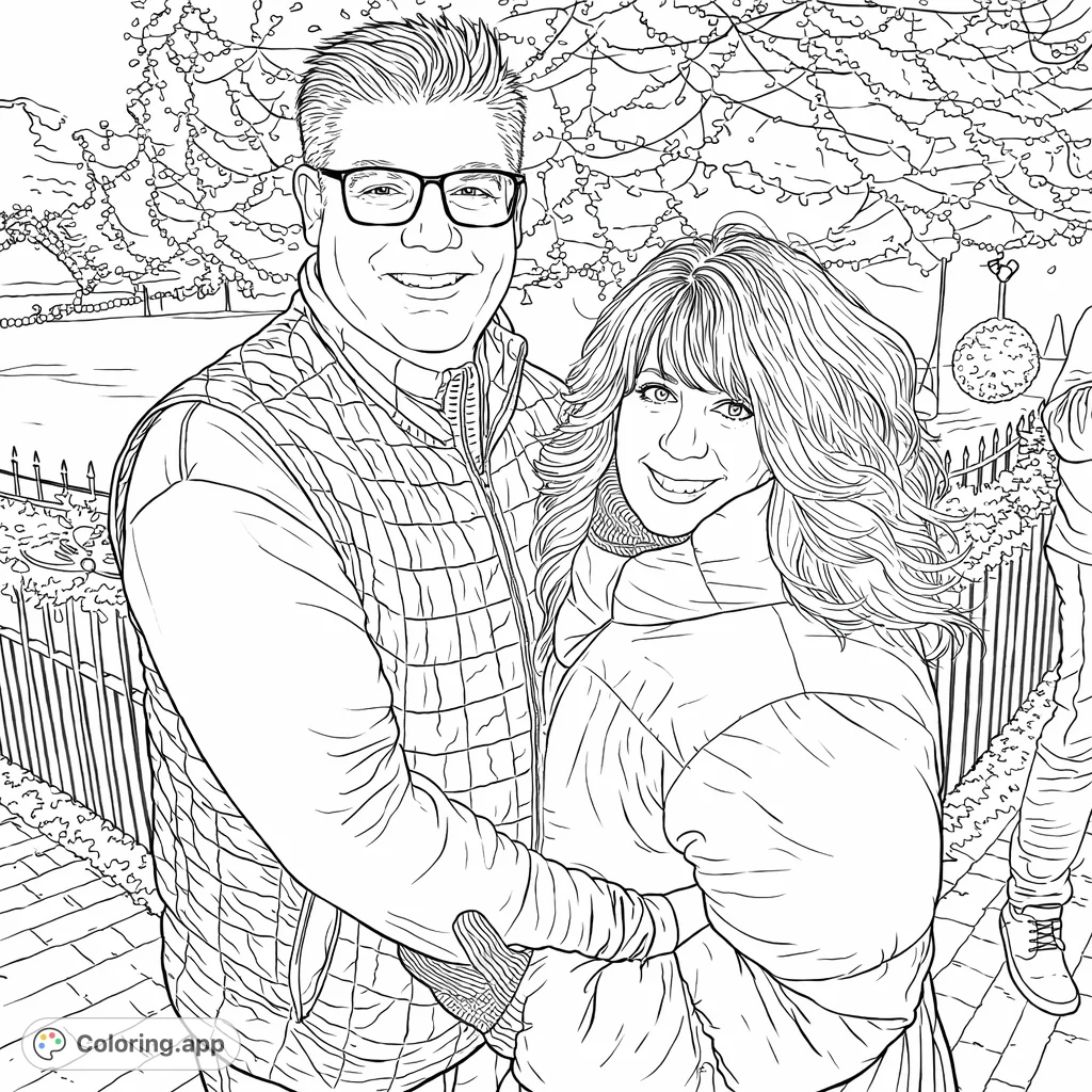 A cheerful couple embraces under a canopy of decorative lights, capturing a moment of warmth and celebration. Perfect for a festive coloring experience.