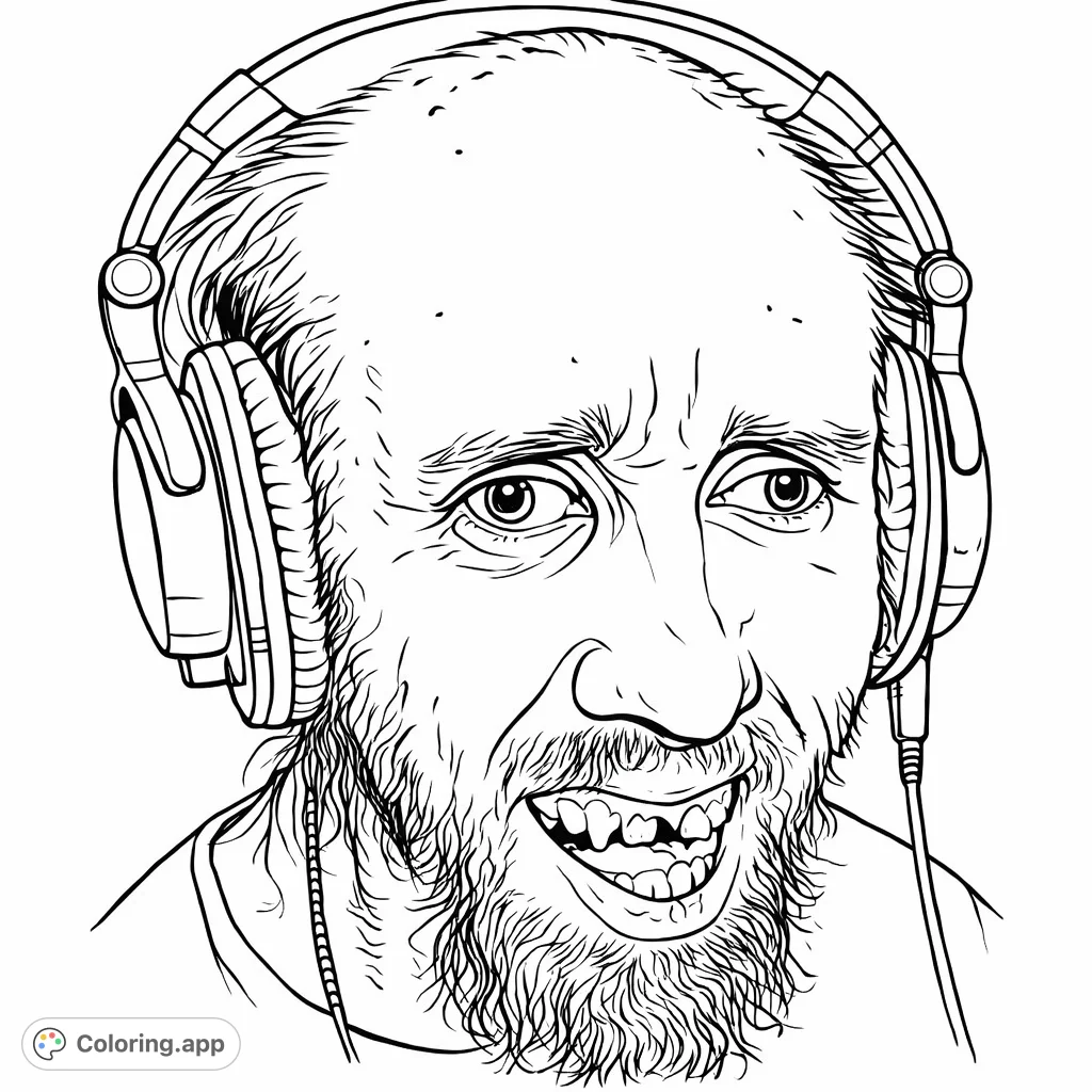 A unique portrait features a person with headphones, a prominent beard, and a distinctive, open-mouthed expression. Ideal for detailed coloring.