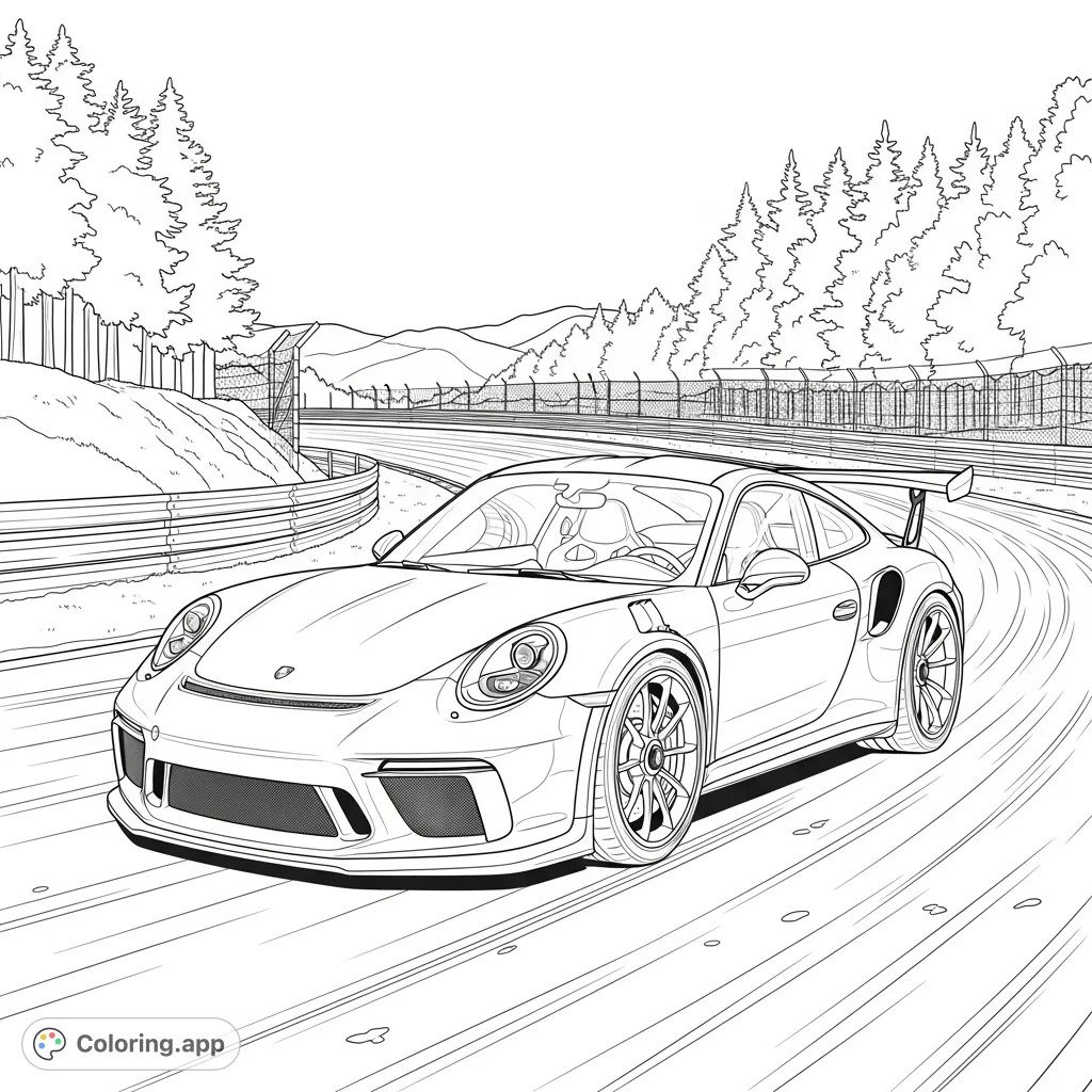 Experience the thrill of the Porsche 911 GT3 RS on the legendary Nordschleife with this dynamic coloring page, perfect for car enthusiasts and detail lovers.