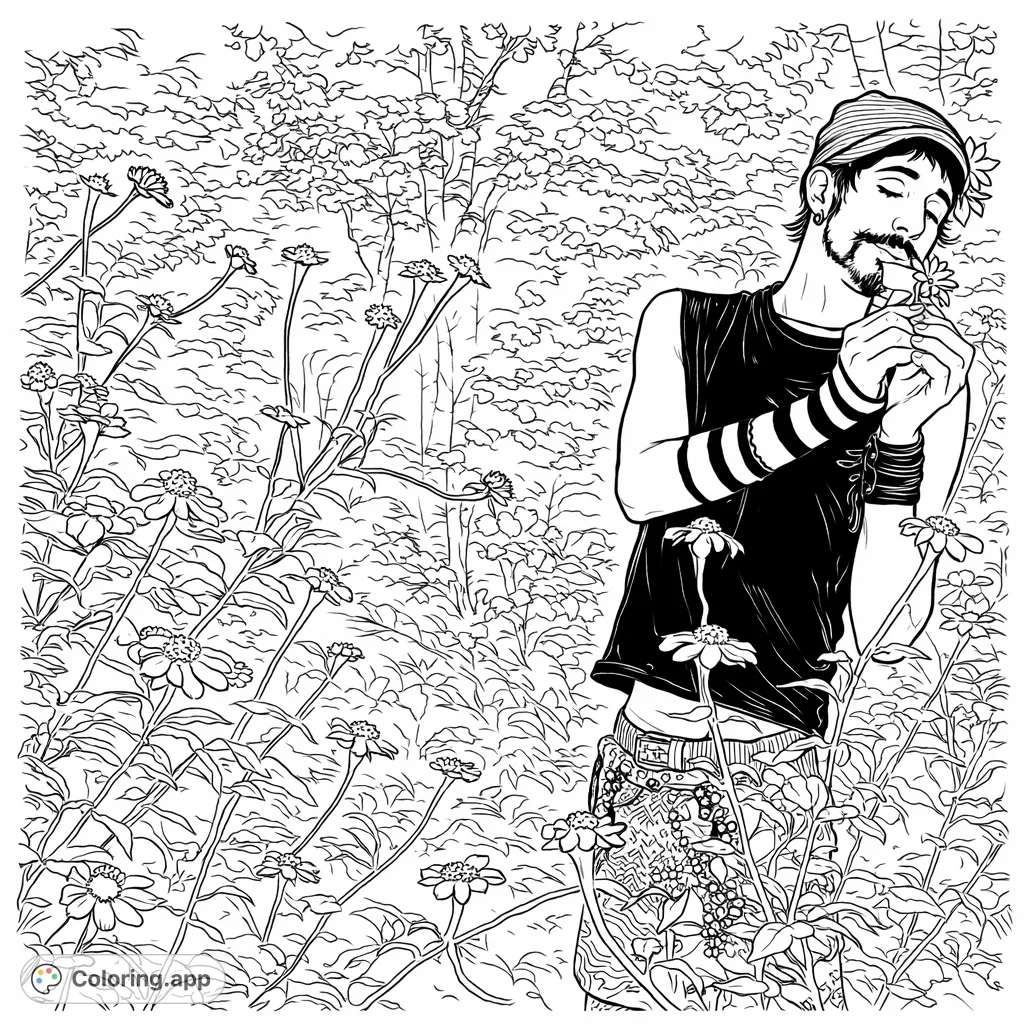 A unique individual stands serenely amidst a field of wildflowers, holding a blossom close. This intricate design invites calm and creative expression.