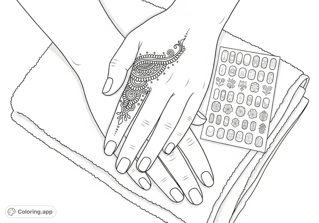 Discover a beautiful coloring page featuring feminine hands adorned with intricate henna and polished nails, resting on a soft towel. Perfect for artistic expression!