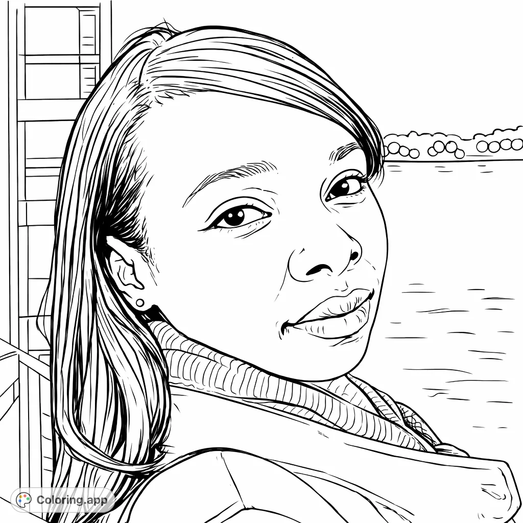 Capture the serene essence of this individual portrait by the water. Features a woman with flowing hair and detailed clothing against a softly lit evening background.