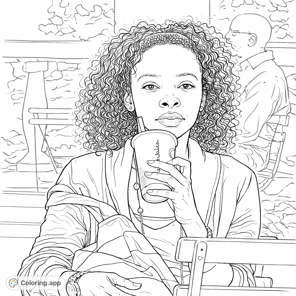 Color a sophisticated portrait of a woman with curly hair, holding a drink in an outdoor setting. Features include layered clothing and a striped accessory.