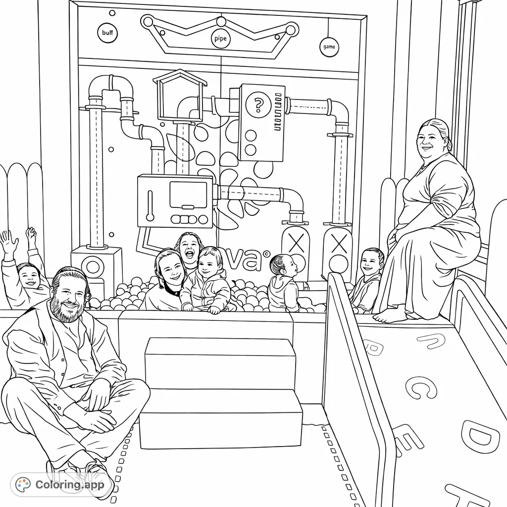 A cheerful family enjoys an interactive indoor play area, complete with a ball pit, slide, and activity wall, offering endless coloring possibilities.