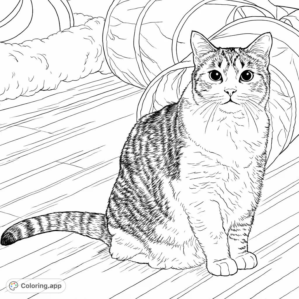 A charming cat with distinctive markings sits attentively on a wooden floor, surrounded by soft shapes. A delightful pet-themed coloring experience.