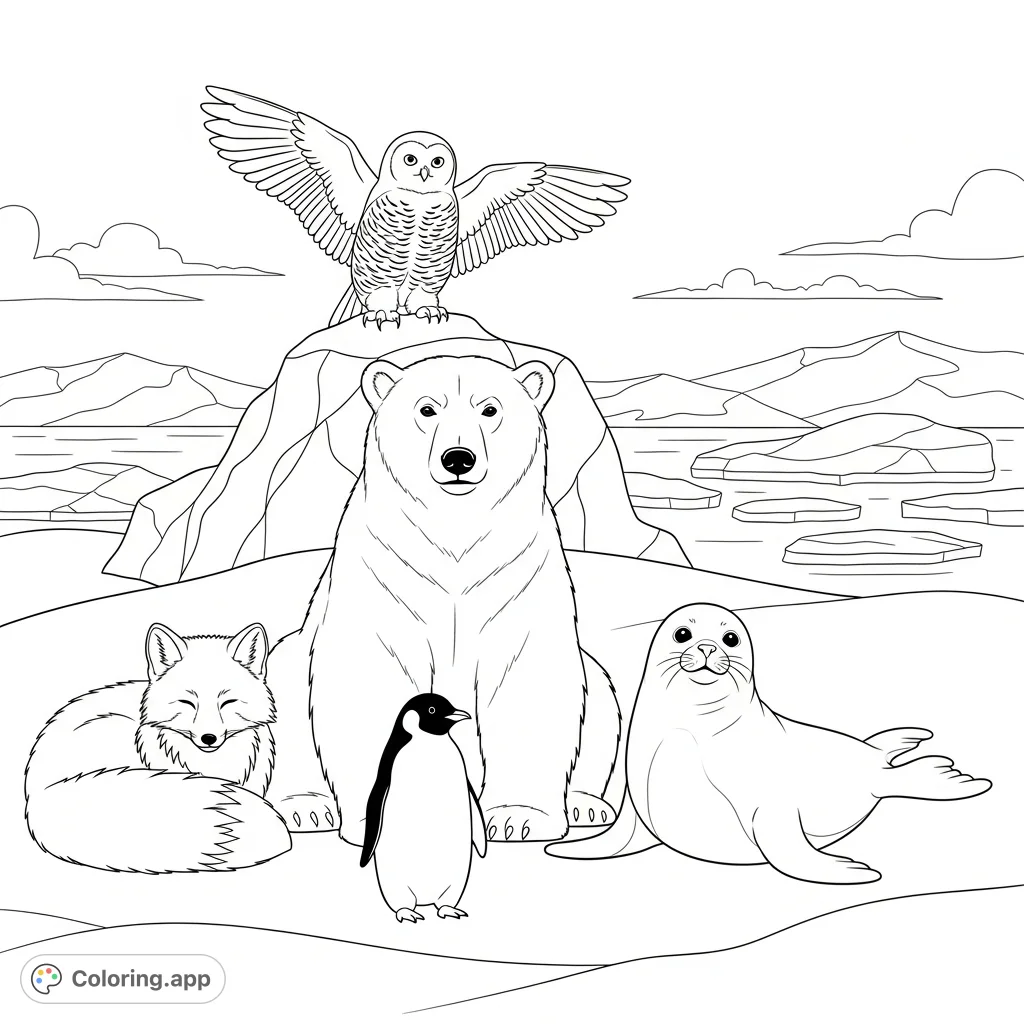 Discover a charming group of arctic animals—polar bear, fox, seal, owl, and penguin—resting amidst snowdrifts and ice floes in a serene polar landscape.