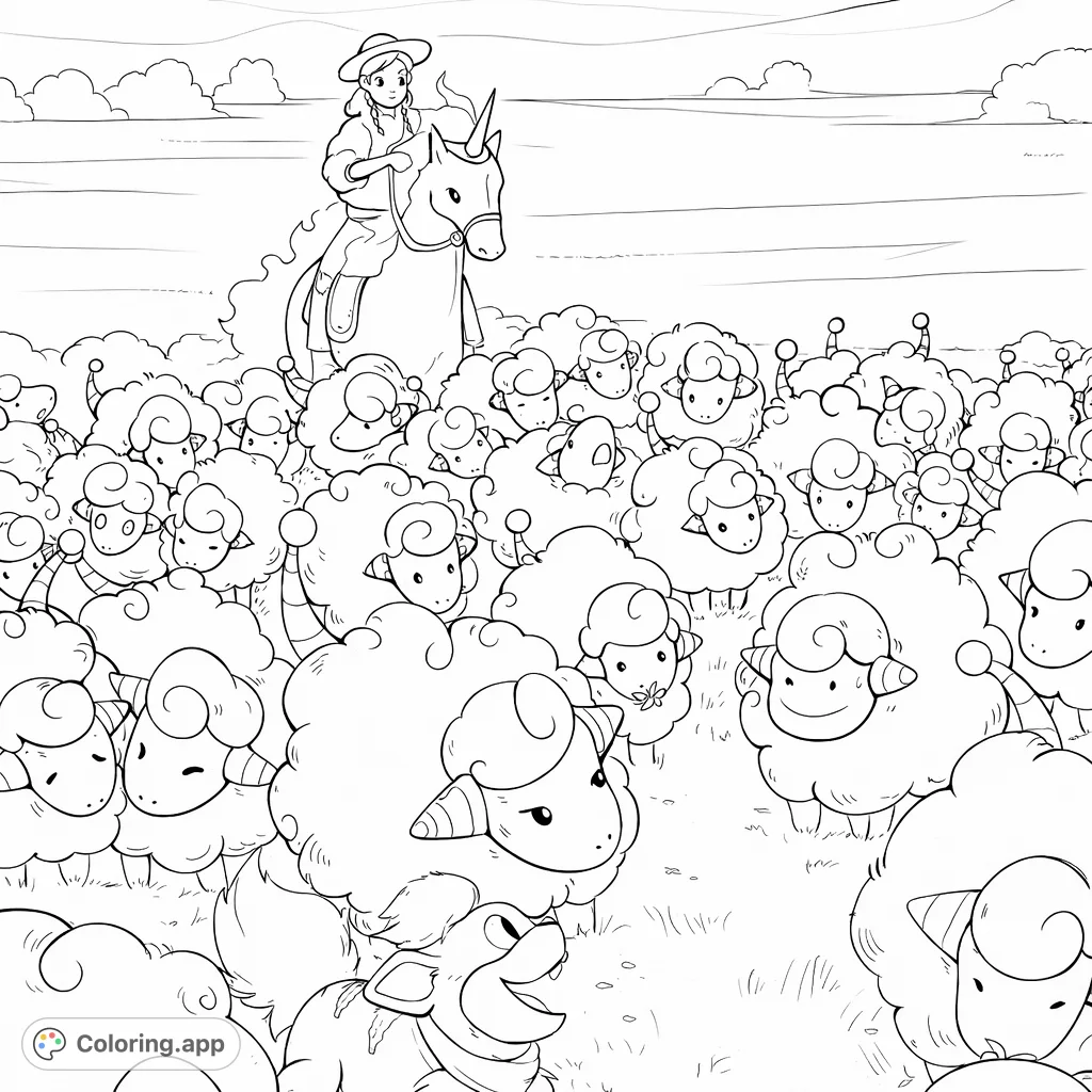 A charming fantasy scene featuring a rider on a horned steed guiding a large flock of woolly, unique creatures through a verdant field, accompanied by a playful companion.