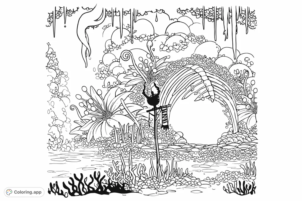 Embark on an epic journey through a mysterious fungal grotto. This Hollow Knight-inspired coloring page features a lone adventurer amidst glowing flora and ancient structures.