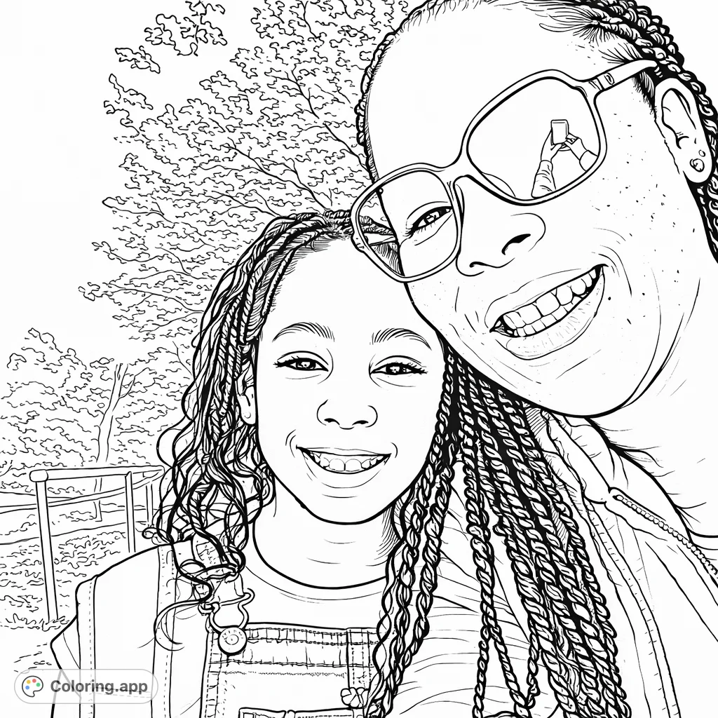 A joyful coloring page featuring an adult and child smiling outdoors. Perfect for celebrating family bonds and happy moments under the sun.