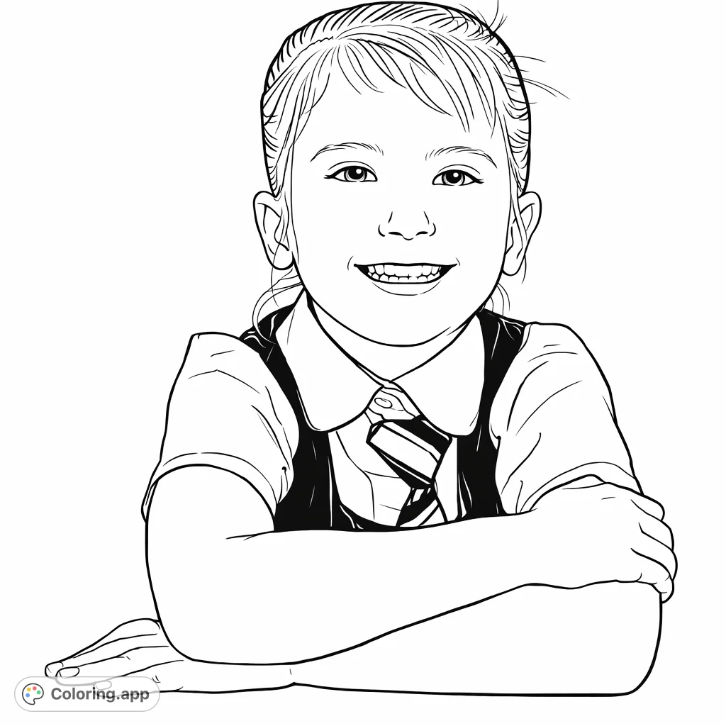 A smiling young girl in her school uniform, arms crossed, ready for a fun day. A delightful school uniform coloring page perfect for all ages.