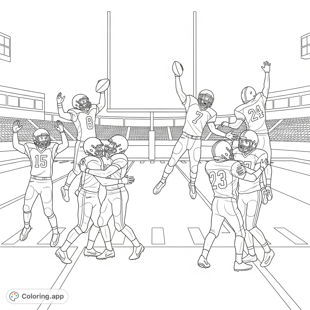 Celebrate a touchdown with this dynamic football coloring page featuring players in various jubilant poses on the field. Perfect for sports fans.