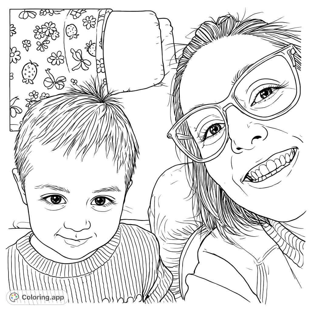 Capture a heartwarming family moment with a smiling adult and child. This cheerful portrait features detailed clothing and a patterned blanket, perfect for joyful coloring.
