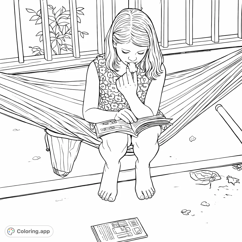A peaceful scene of a girl reading a book in a hammock, enjoying a quiet moment outdoors. Perfect for relaxation and inspiring creativity.