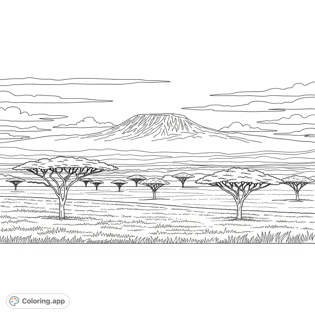 Experience the tranquility of a Kenyan savannah coloring page. Rolling grasslands, iconic acacia trees, and Mount Kilimanjaro await your artistic touch.