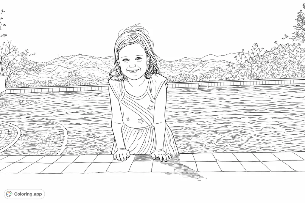 A cheerful girl enjoys a sunny day at the pool, framed by majestic mountains. This delightful scene invites creativity for all ages.