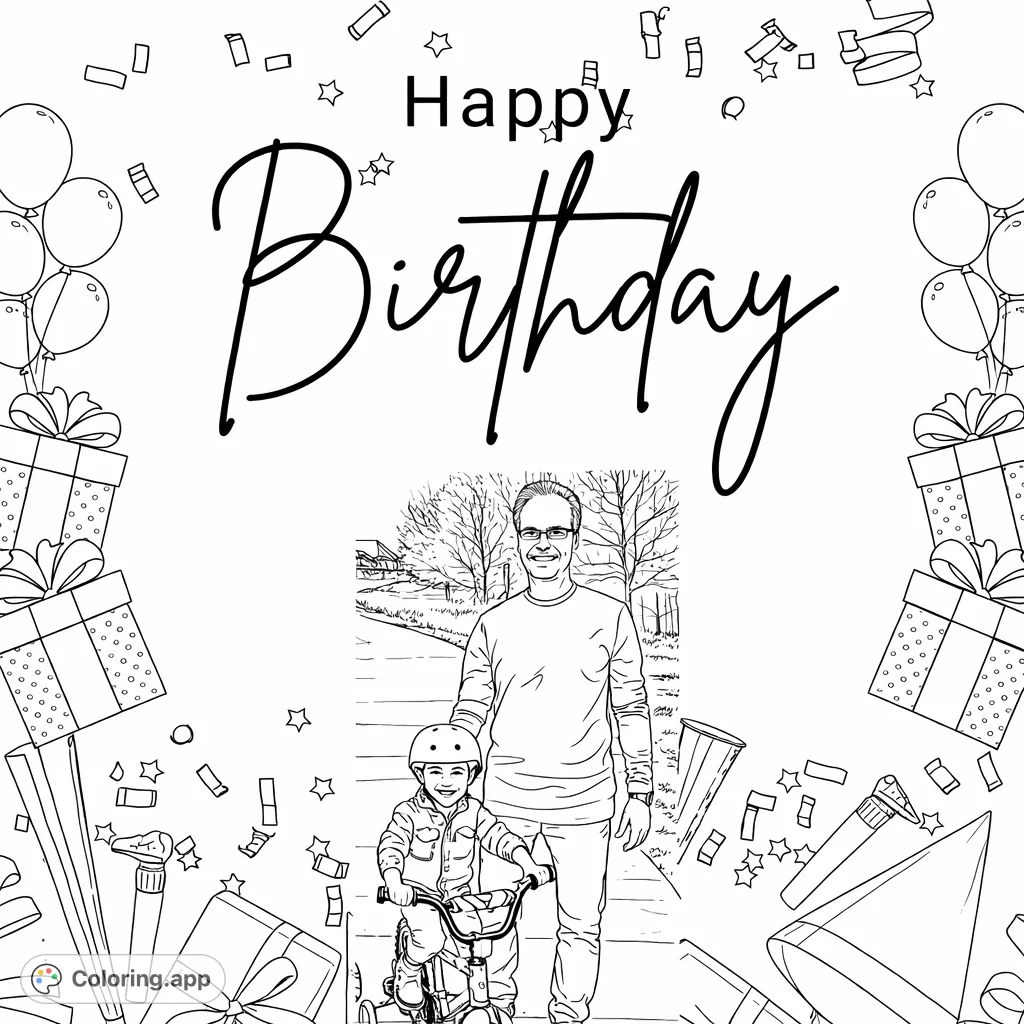 Celebrate a special day with this happy birthday coloring page featuring a family moment, festive balloons, gifts, and party decorations. Perfect for joyful creativity!