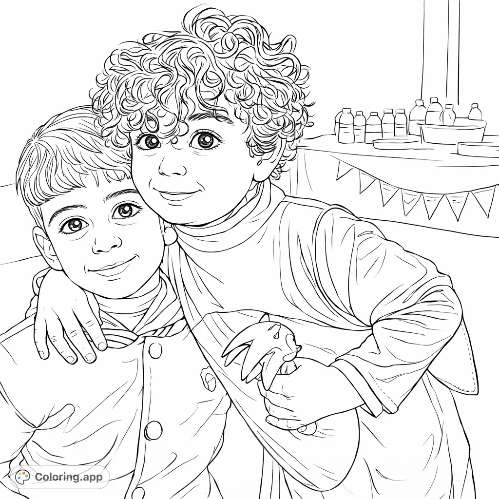 A heartwarming coloring page featuring two young boys in a friendly embrace, one in a character costume holding a figurine. Perfect for celebrating friendship.