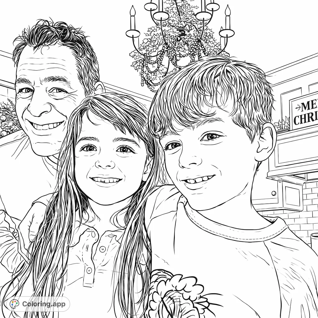 Capture the warmth of a family moment with this holiday-themed coloring page featuring three smiling individuals and festive decorations. Perfect for all ages.