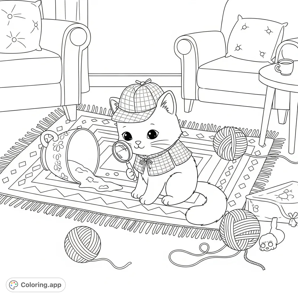 Unravel a charming mystery with this kawaii cat detective coloring page! Explore a cozy living room crime scene with an overturned teacup and scattered yarn.