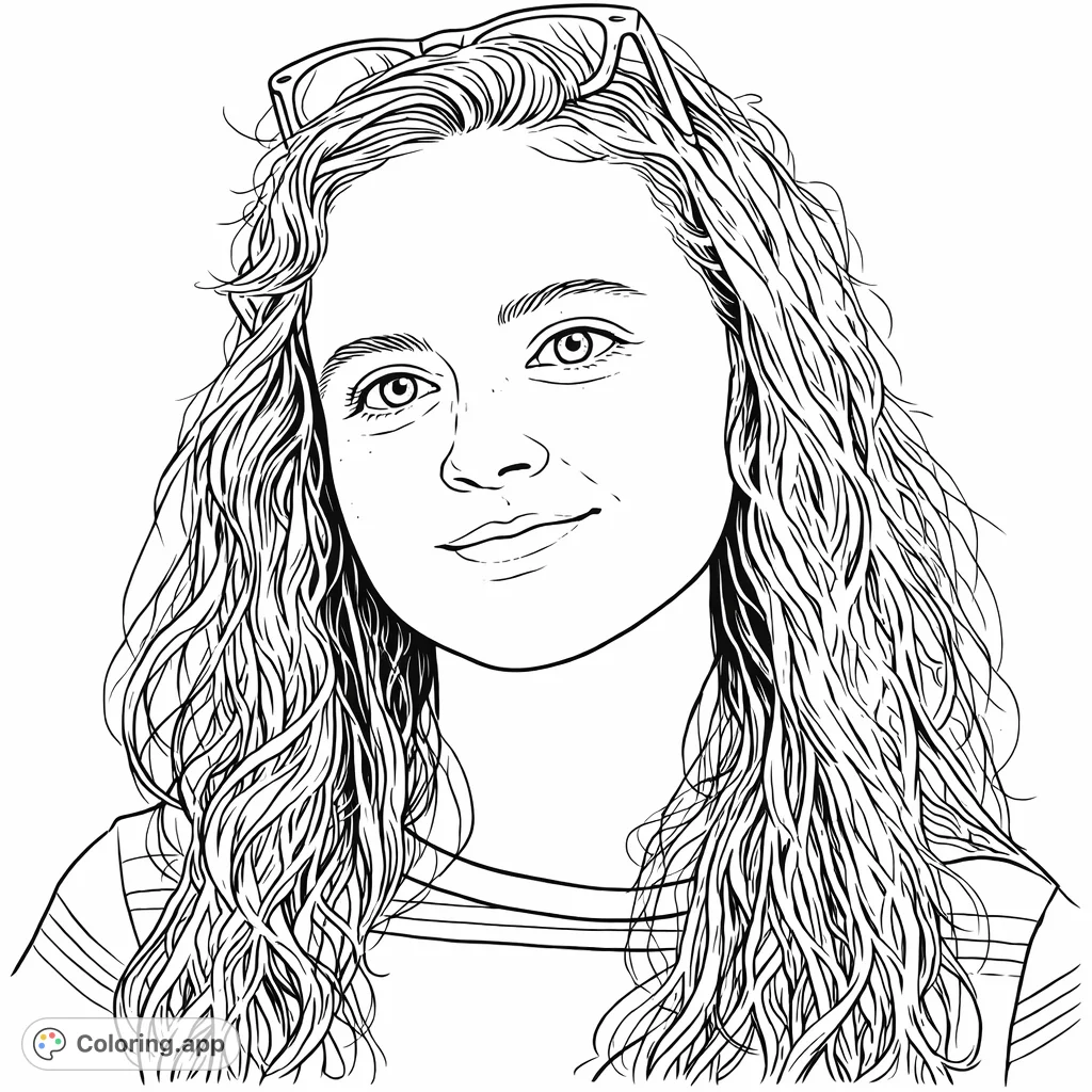 A charming portrait coloring page featuring a youthful individual with wavy hair and sunglasses perched on their head, inviting creative expression through vibrant hues.