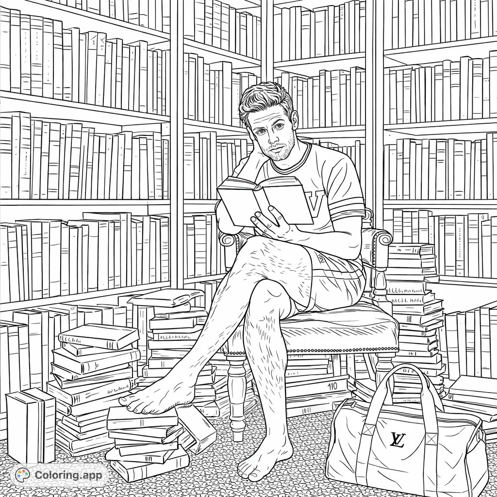 Dive into a detailed library scene featuring a man engrossed in a book, surrounded by towering shelves and stacks of literature. A perfect literary escape.