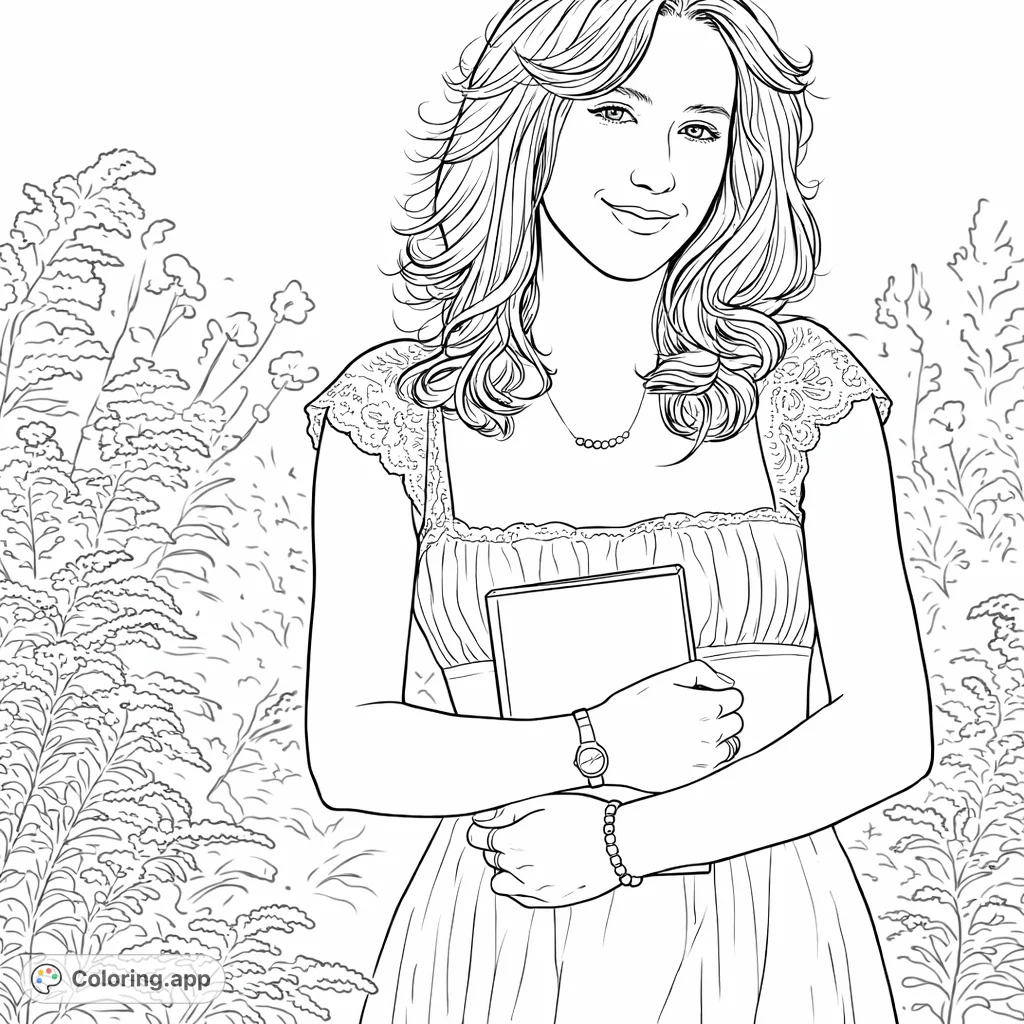 Discover a serene young woman holding a book amidst a field of flourishing plants. This thoughtful scene invites peaceful coloring and creative expression.