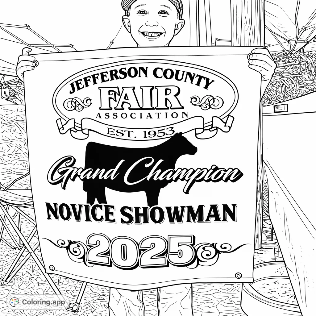 Celebrate fair achievements with a young showman holding a champion banner featuring a cow silhouette, text, and fairground elements.