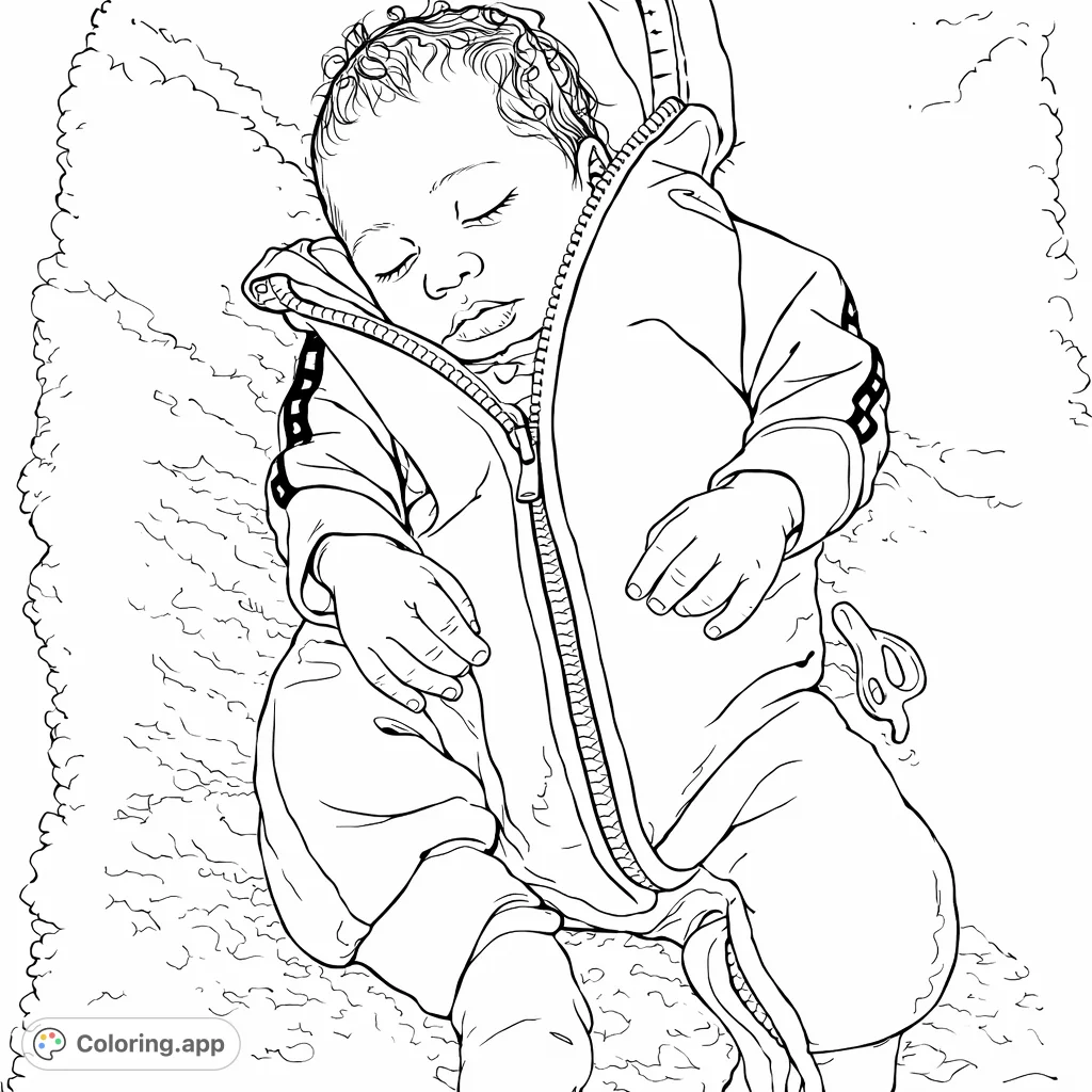 Capture the peaceful serenity of a sleeping baby in a cozy hooded jumpsuit on a fluffy blanket. A heartwarming baby coloring page for all ages to enjoy.