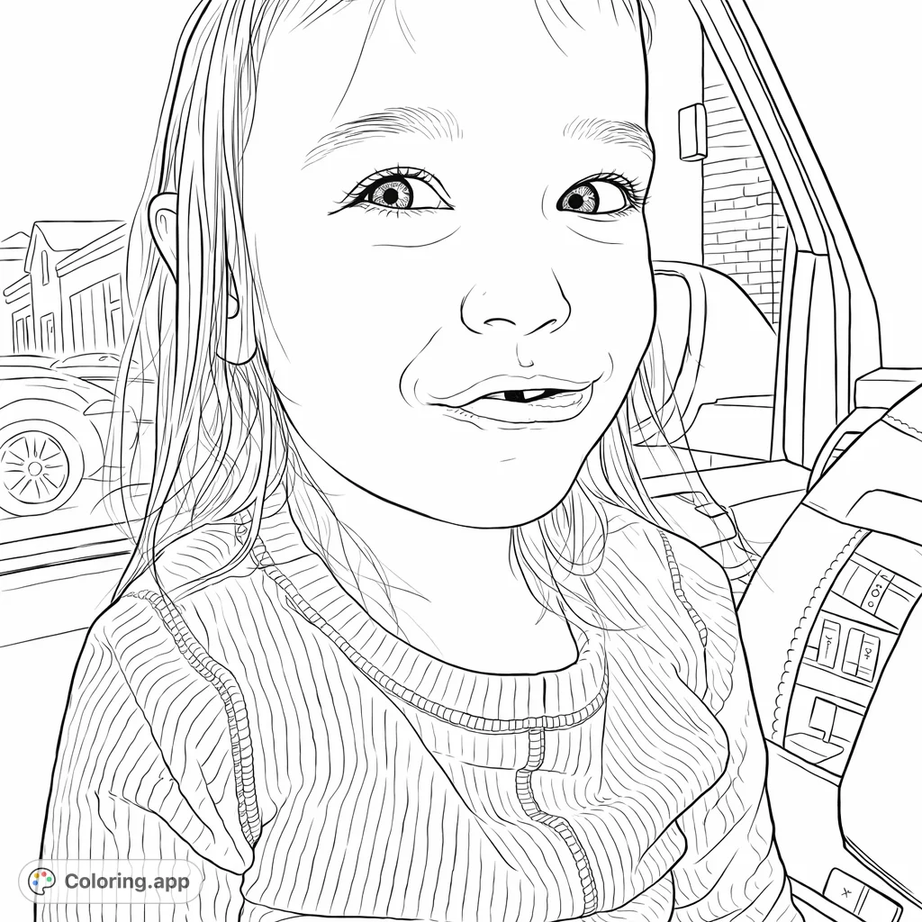 A heartwarming coloring page featuring a young child with an expressive smile in a car, perfect for encouraging creativity and fine motor skills.
