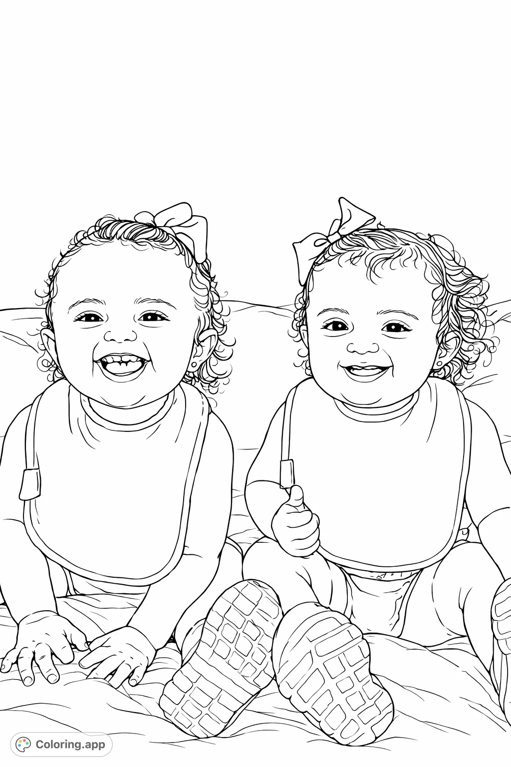 Adorable smiling twin babies with big bows and bibs, sitting together on a patterned surface. A sweet and charming scene perfect for coloring fun.