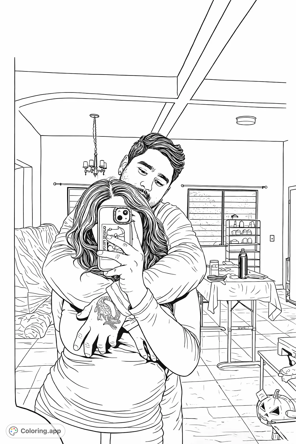 Capture a heartwarming mirror selfie scene of a couple embracing. Features intricate details of their pose, phone, and a cozy home interior.