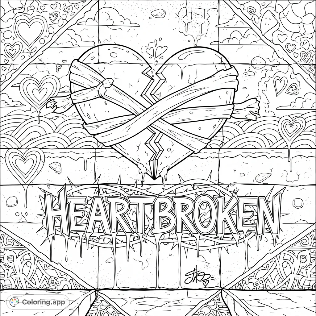 Explore a detailed street art coloring page featuring a broken heart held by bandages, 'Heartbroken' text woven with thorns, on a textured concrete wall.