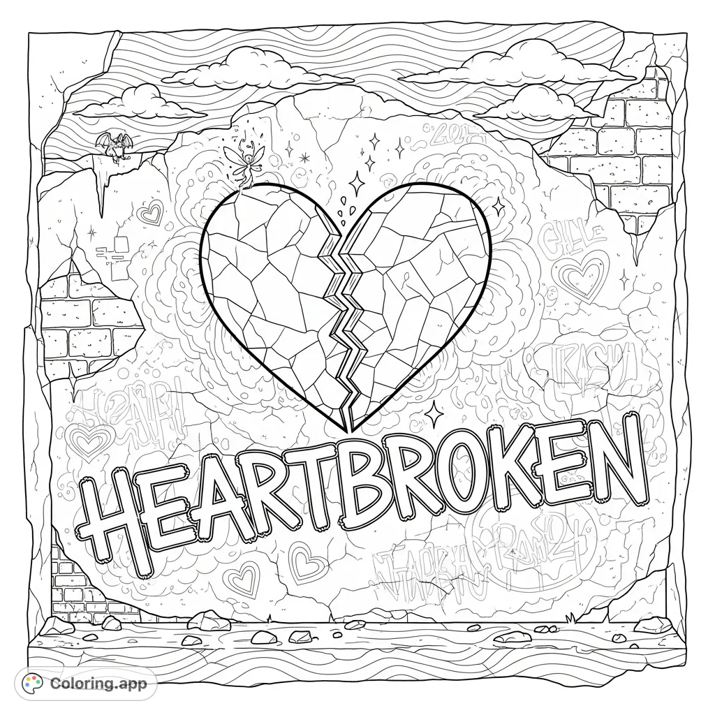 Explore urban art with a crumbling plaster wall, fractured heart, and "Heartbroken" graffiti. A detailed scene for expressive coloring.