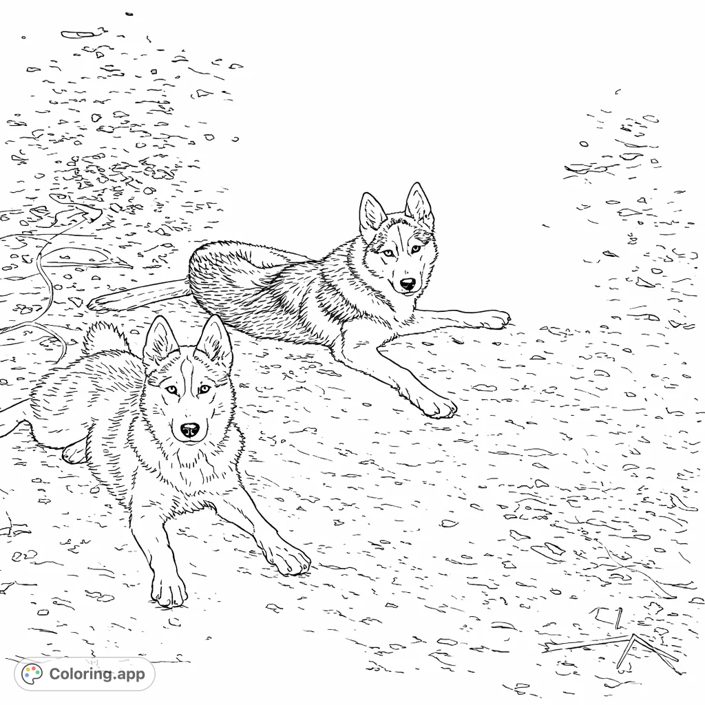 Two loyal husky dogs resting calmly on a textured ground, featuring distinct fur patterns and expressive faces, ready for creative coloring.