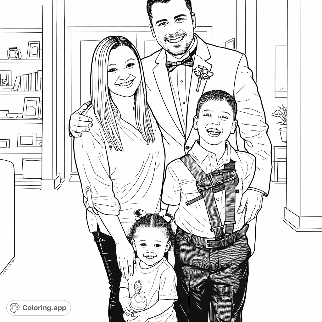 A heartwarming family portrait featuring two adults and two children, ready for you to add your personal touch. A lovely scene to color and cherish.