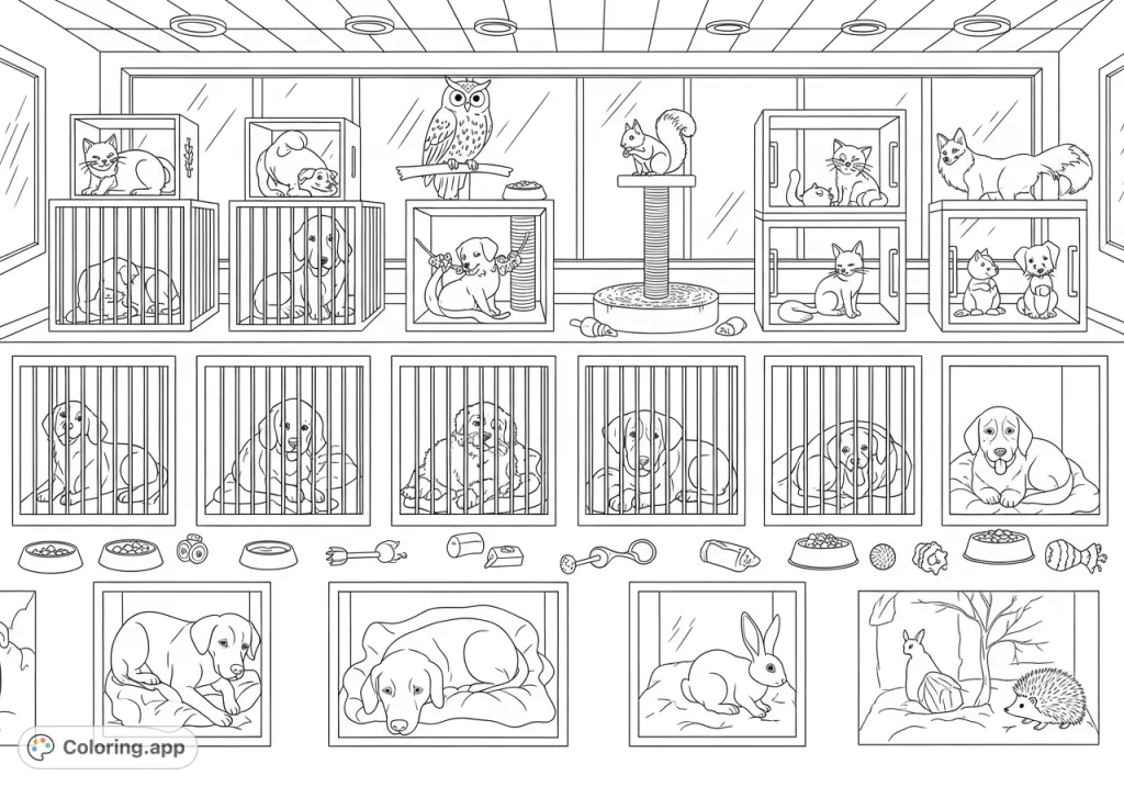 Explore a heartwarming panoramic animal shelter scene featuring dogs, cats, foxes, and more. A charming free printable coloring page for all ages.