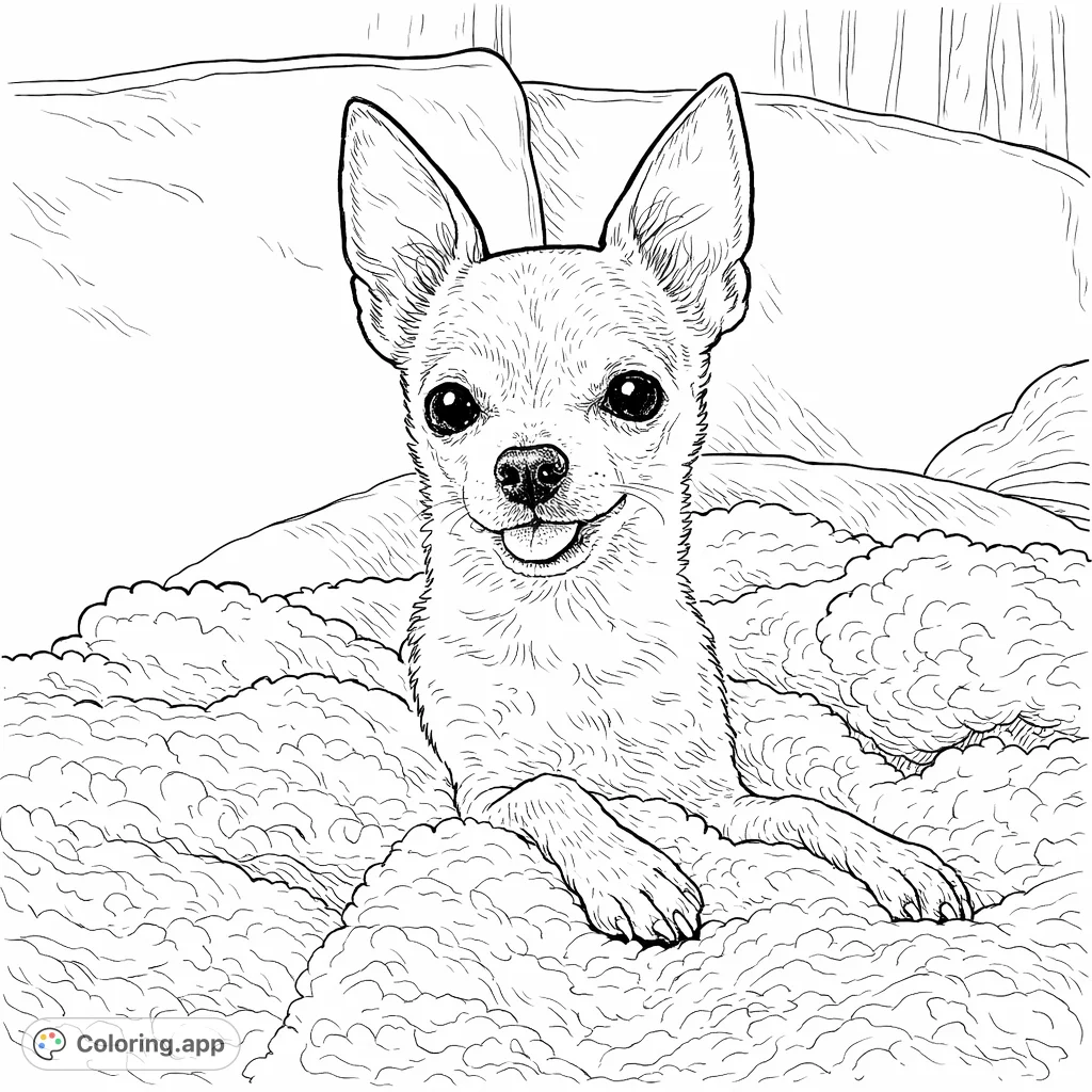 Adorable chihuahua nestled on a fluffy blanket, inviting a burst of creative coloring. A highly detailed, hand-drawn sketch, perfect for dog lovers of all ages.
