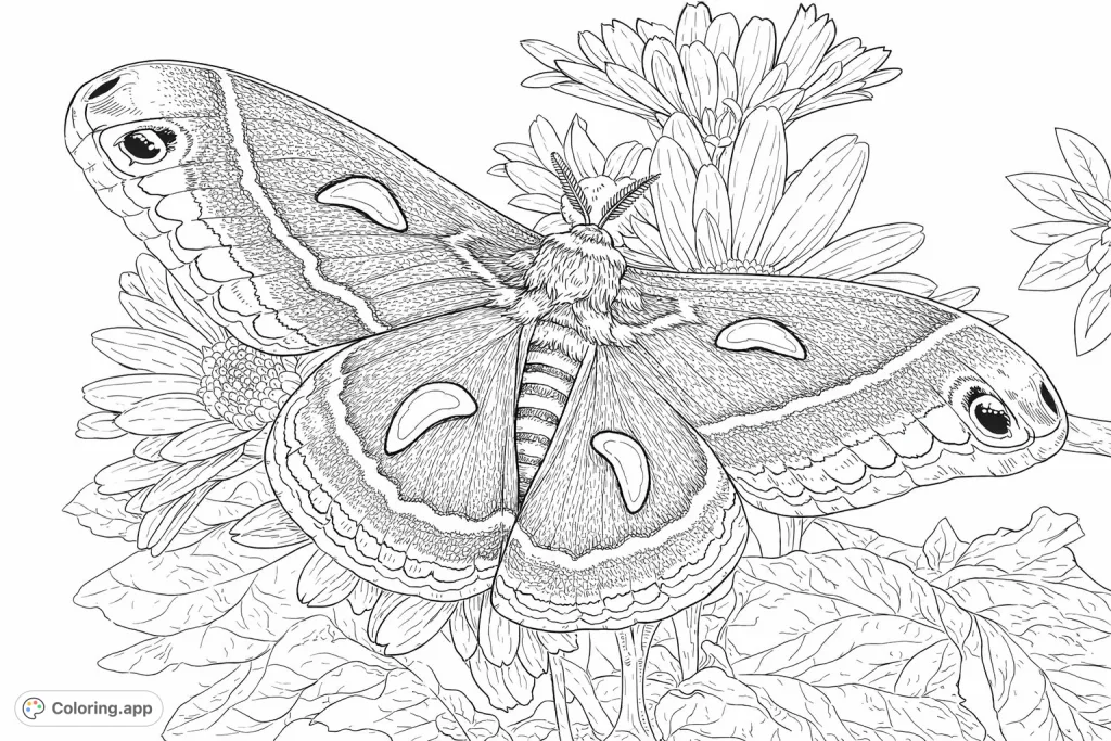 An exquisitely detailed moth with elaborate wing patterns rests on a delicate flower, surrounded by lush foliage, offering a rich coloring experience.