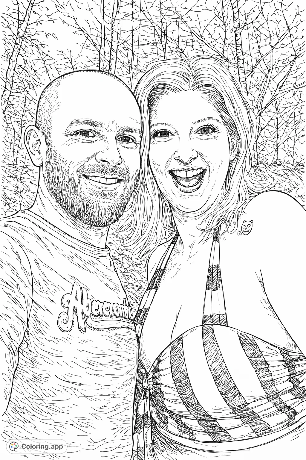 A joyful couple smiling together in a hand-drawn sketch, perfect for a relaxing coloring experience. Features intricate details on clothing and foliage.