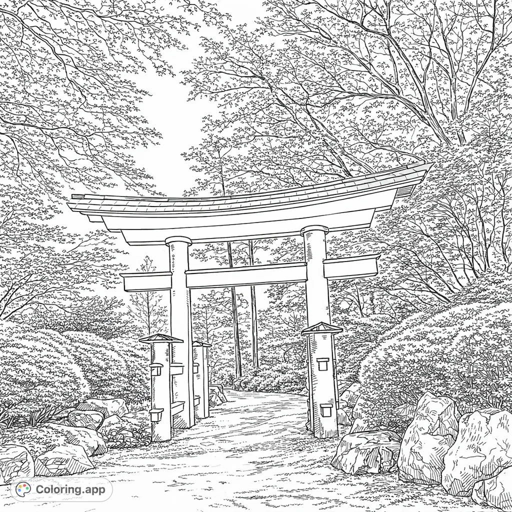 Step into tranquility with this realistic Japanese garden torii gate coloring page. Explore intricate natural details and architectural elegance for a calming experience.