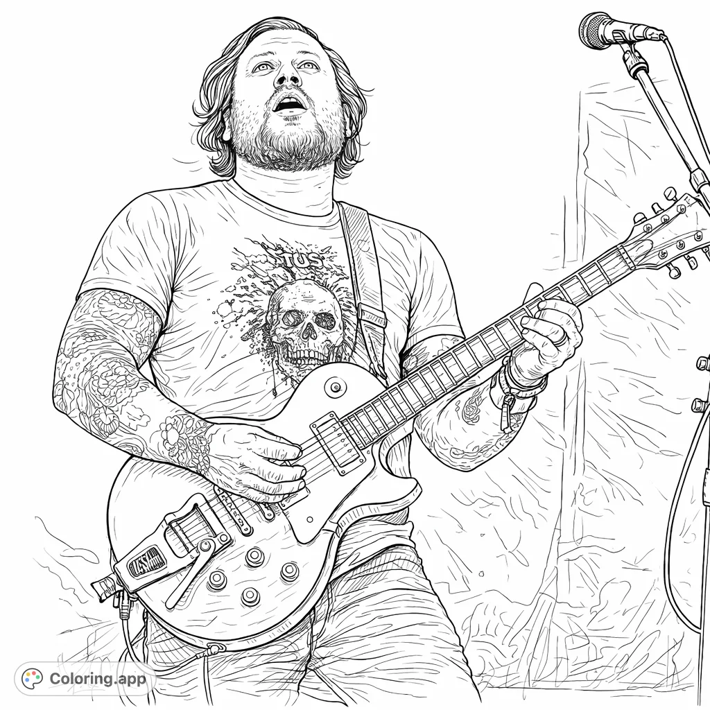 Capture a powerful rock star in action, playing a detailed electric guitar with intricate tattoos. Perfect for music lovers and detailed coloring enthusiasts.